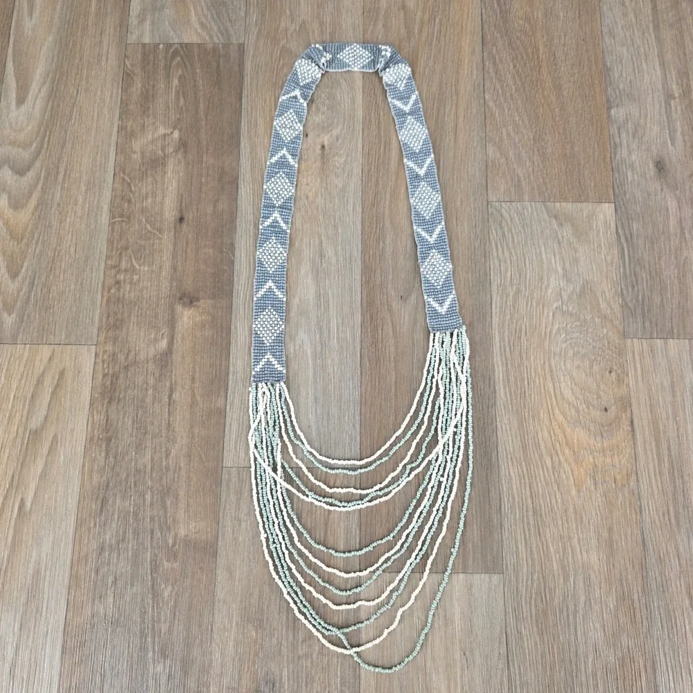 Beaded Waterfall Necklace‎ Grey White Green Multi Strand Statement Boho